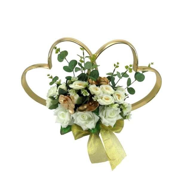 Decor masina pentru nunta, inimioare decorate cu flori, auriu & alb ILIF406003 (2)