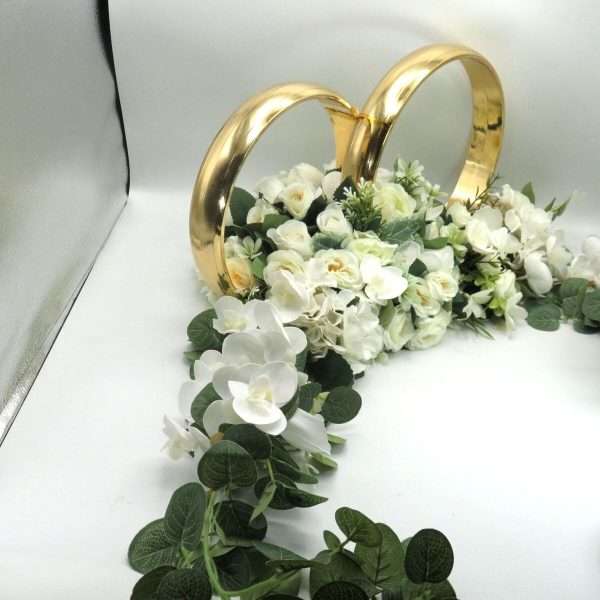 Decor masina pentru nunta, verighete decorate cu flori de matase si silicon, alb verde ILIF406023 (14)