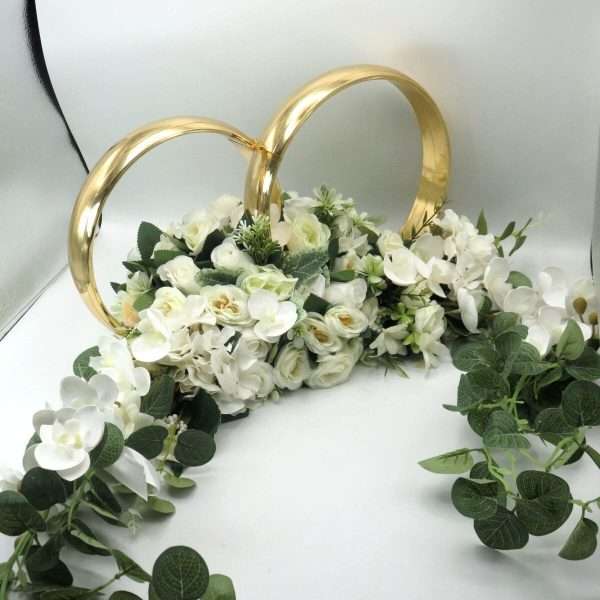 Decor masina pentru nunta, verighete decorate cu flori de matase si silicon, alb verde ILIF406023 (16)