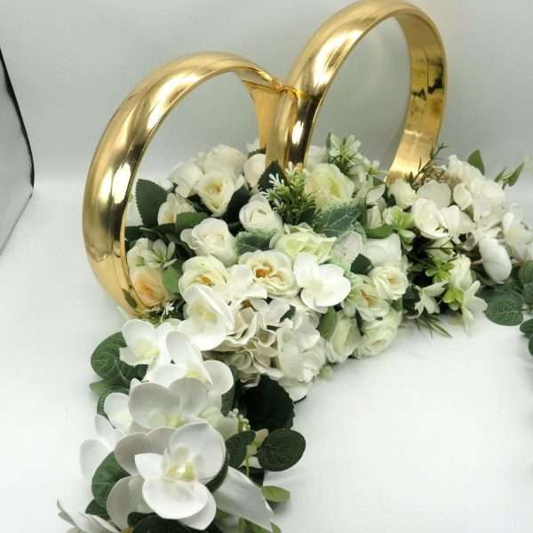 Decor masina pentru nunta, verighete decorate cu flori de matase si silicon, alb verde ILIF406023 (17)