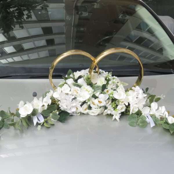 Decor masina pentru nunta, verighete decorate cu flori de matase si silicon, alb verde ILIF406023 (3)