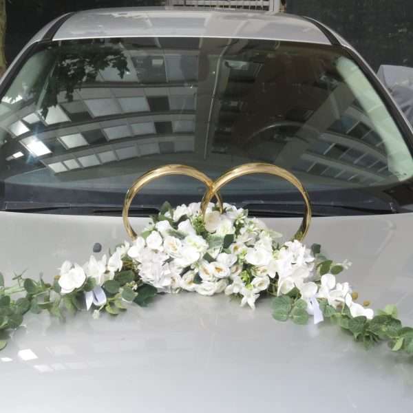 Decor masina pentru nunta, verighete decorate cu flori de matase si silicon, alb verde ILIF406023 (5)