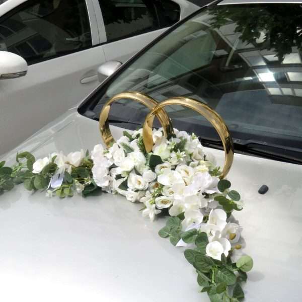 Decor masina pentru nunta, verighete decorate cu flori de matase si silicon, alb verde ILIF406023 (7)