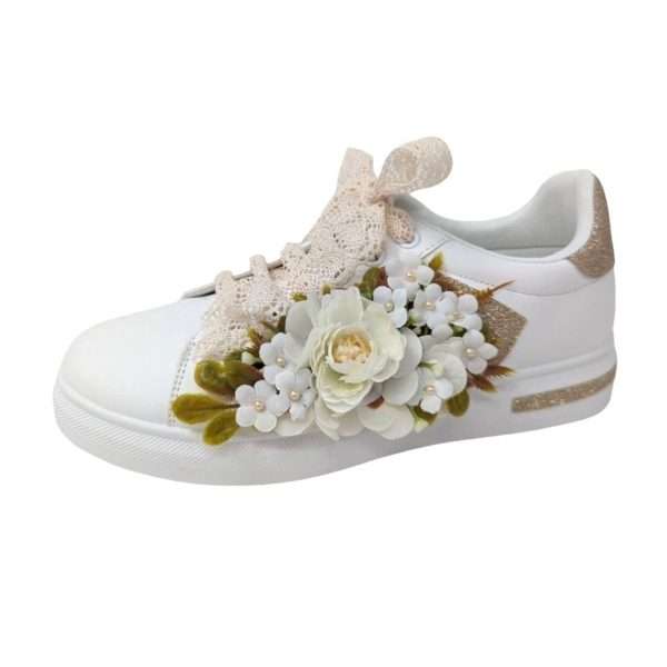 Tenisi pentru mireasa cu panglica si flori, alb crem DSPH406001 (1)