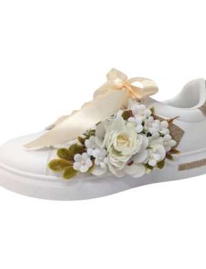 Tenisi pentru mireasa cu panglica si flori, alb-crem – DSPH406001