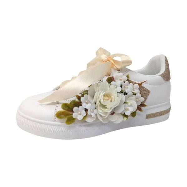 Tenisi pentru mireasa cu panglica si flori, alb crem DSPH406001 (2)