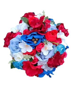 Buchet mireasa cu flori de matase, albastru & rosu – FEIS407018