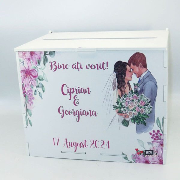 Cutie dar nunta, din lemn vopsit alb, model floral, Personalizat, 27x20x21cm ILIF407021 (2)