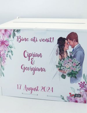 Cutie dar nunta, din lemn vopsit alb, model floral, Personalizat, 27x20x21cm – ILIF407021