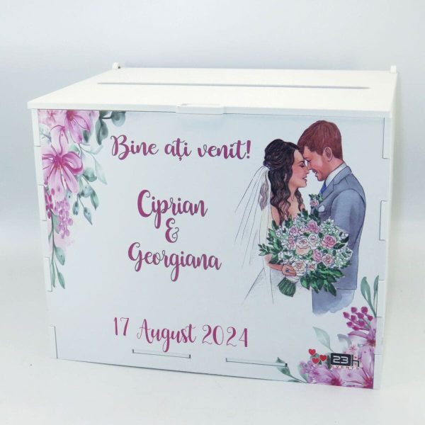 Cutie dar nunta, din lemn vopsit alb, model floral, Personalizat, 27x20x21cm ILIF407021 (3)