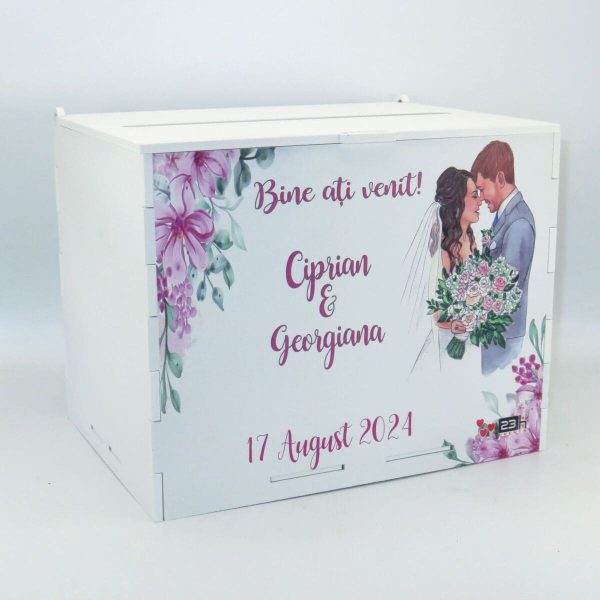 Cutie dar nunta, din lemn vopsit alb, model floral, Personalizat, 27x20x21cm ILIF407021 (4)