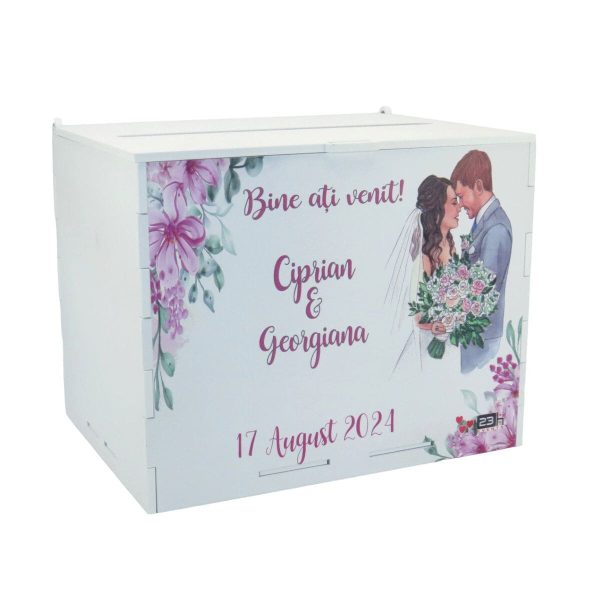 Cutie dar nunta, din lemn vopsit alb, model floral, Personalizat, 27x20x21cm ILIF407021 (5)