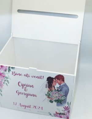 Cutie dar nunta, din lemn vopsit alb, model floral, Personalizat, 27x20x21cm – ILIF407021