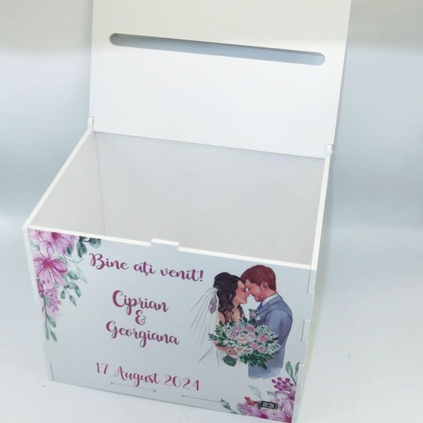 Cutie dar nunta, din lemn vopsit alb, model floral, Personalizat, 27x20x21cm ILIF407021 (6)