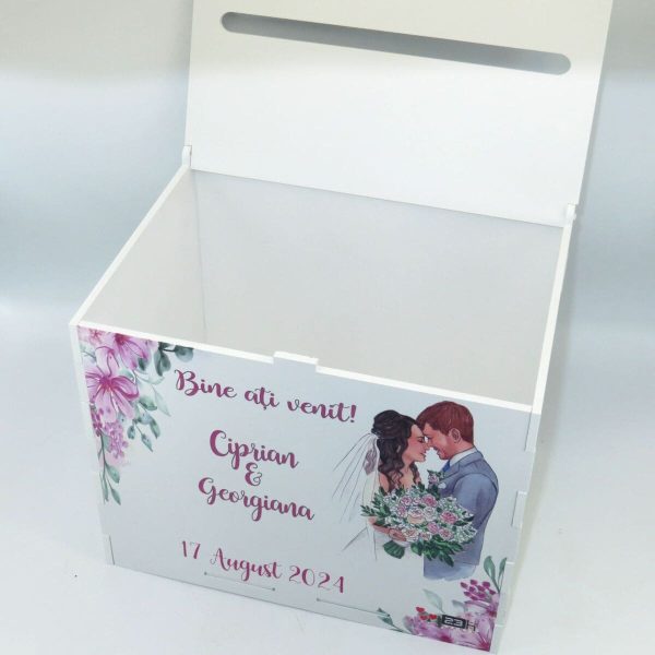 Cutie dar nunta, din lemn vopsit alb, model floral, Personalizat, 27x20x21cm ILIF407021 (7)