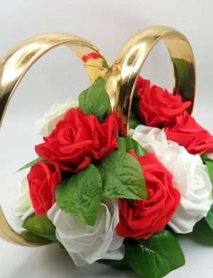 Decor masina pentru nunta, verighete decorate cu flori, rosu-alb – ILIF407015