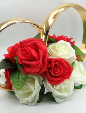 Decor masina pentru nunta, verighete decorate cu flori, rosu-alb – ILIF407015