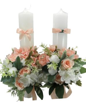 Lumanare nunta cu flori de matase roz piersica si alb ILIF407020 (5)