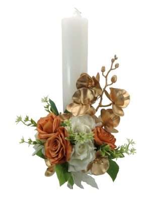 Lumanare nunta/botez, flori de matase si orhidee aurii – ILIF407013