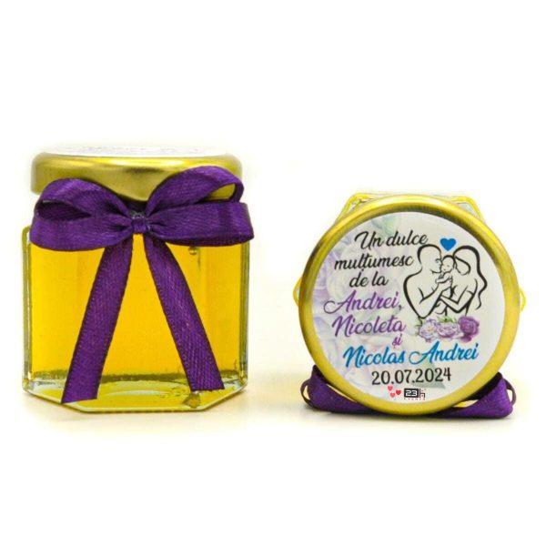 Mărturii dulci cu miere, handmade Iubire, borcan 50 gr, personalizare nunta si botez, flori mov - MIBC407014