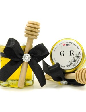 Mărturii dulci cu miere, model Aventură, nunta, negru cu perle, borcan 50 gr - MIBC407013