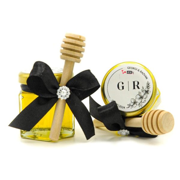 Mărturii dulci cu miere, model Aventură, nunta, negru cu perle, borcan 50 gr - MIBC407013