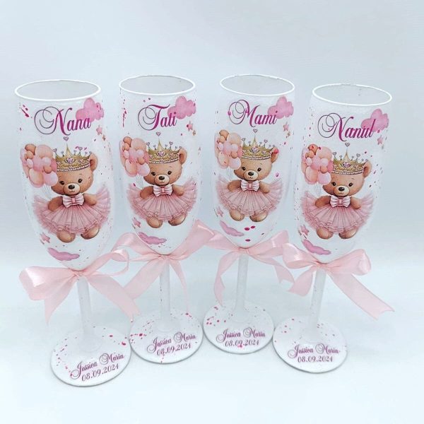 Set 4 pahare botez pentru parinti & nasi, Printesa Ursulet, model personalizat FEIS407022 (1)