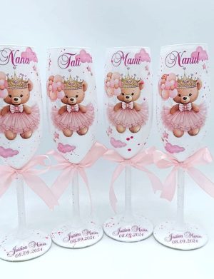 Set 4 pahare botez pentru parinti & nasi, Printesa Ursulet, model personalizat – FEIS407022