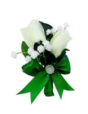Cocarda de pus in piept cu trandafiri de matase, alb&verde – FEIS407015