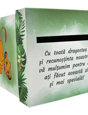 Cutie dar (bani) botez, nepersonalizata, design Jungle-Safari verde cu Simba, dim. 21x21x26 cm – MIBC407002