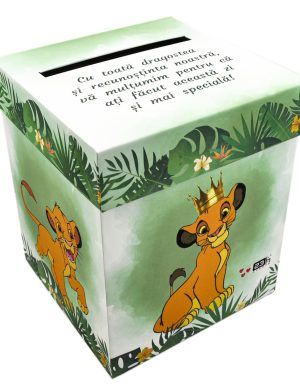 Cutie dar (bani) botez, nepersonalizata, design Jungle-Safari verde cu Simba, dim. 21x21x26 cm – MIBC407002