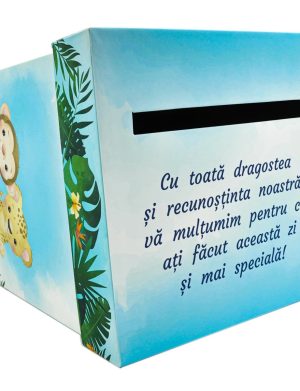 Cutie dar (bani) botez, nepersonalizata, design Jungle-Safari verde cu bleu, dim. 21x21x26 cm – MIBC407020