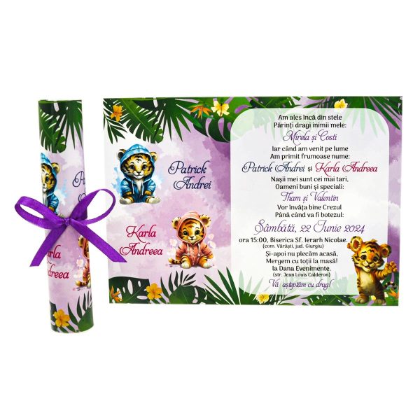 invitatie botez gemeni baitel si fetita personalizata cu jungle tigti si mov 1