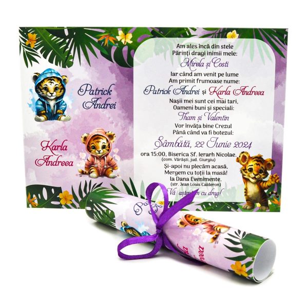 invitatie botez gemeni baitel si fetita personalizata cu jungle tigti si mov 2