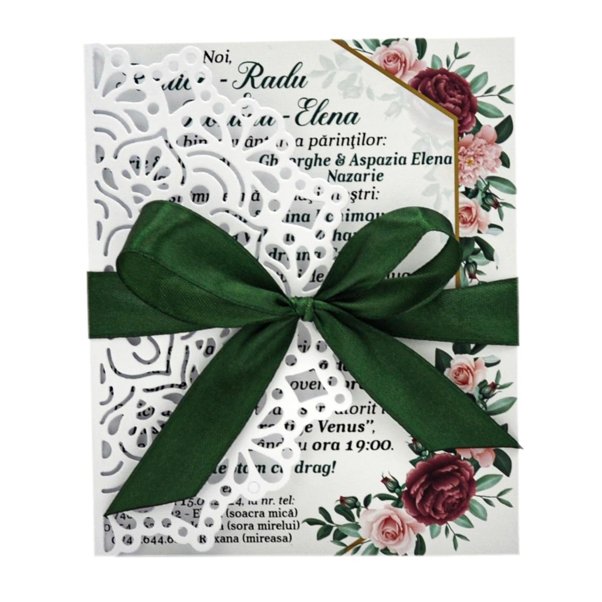 invitatie nunta datelata handmade personalizata cu grafica burgund si fundita verde inchis 1