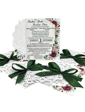 Invitatie nunta, model Mandala, corperta alba si fundita verde, grafica bujori si trandafiri – MIBC407018