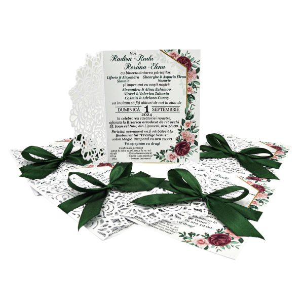 invitatie nunta datelata handmade personalizata cu grafica burgund si fundita verde inchis 2