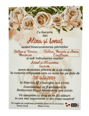 Invitatie nunta card C6, grafica fata, crem-dust pink, trandafiri, miri – MIBC407005
