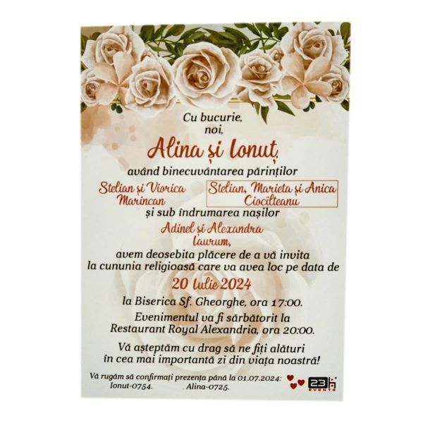 invitatie nunta tip card c6 cu flori trandafiri crem pink roz prafuit 1