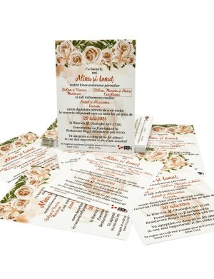 Invitatie nunta card C6, grafica fata, crem-dust pink, trandafiri, miri – MIBC407005