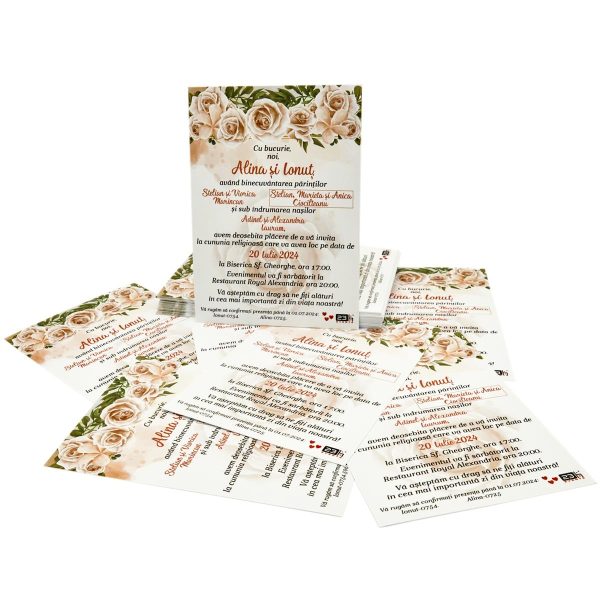 invitatie nunta tip card c6 cu flori trandafiri crem pink roz prafuit 2