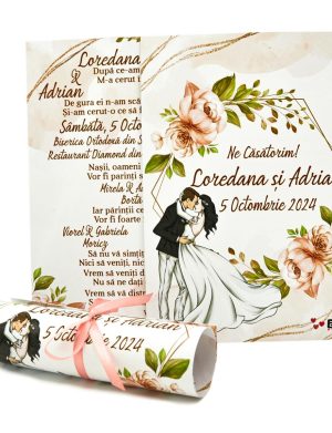 Invitatie rulata nunta, tip papirus, flori in nuante de crem, fuzzy peach, dust pink  – MIBC407006