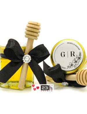 Mărturii dulci cu miere, model Aventură, nunta, negru cu perle, borcan 50 gr – MIBC407013