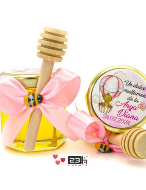 Mărturii dulci cu miere, model Aventură, botez fetita, roz, ursulet, balon cu aer cald, borcan 50 gr – MIBC407012