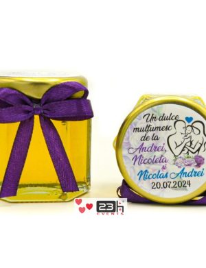 Mărturii dulci cu miere, handmade Iubire, borcan 50 gr, personalizare nunta si botez, flori mov – MIBC407014