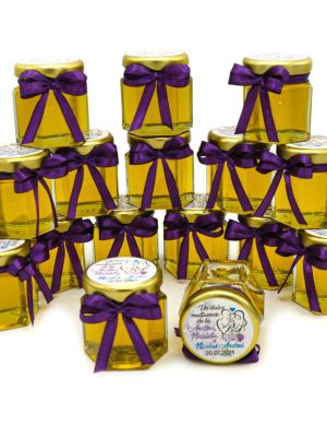 Mărturii dulci cu miere, handmade Iubire, borcan 50 gr, personalizare nunta si botez, flori mov – MIBC407014