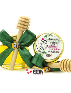 Mărturii dulci cu miere, model Aventură, nunta si botez, verde, borcan 50 gr – MIBC407011