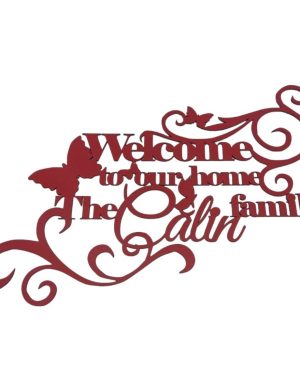 Decoratiune din lemn, personalizata, Welcome to our home, rosu – FEIS408012