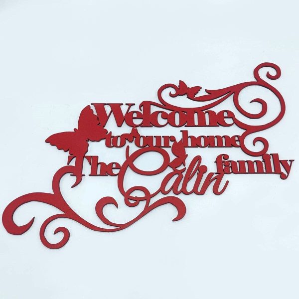 Decoratiune din lemn, personalizata, Welcome to our home, rosu FEIS408012 (1)