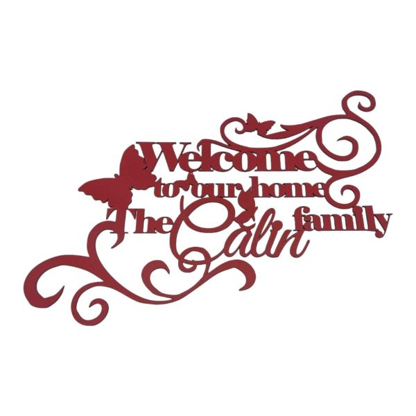 Decoratiune din lemn, personalizata, Welcome to our home, rosu FEIS408012 (1)